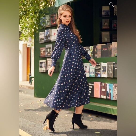 Modcloth Romantic Era Button Front Midi Dress Santa Cat Print Christmas Navy XL - Picture 4 of 13